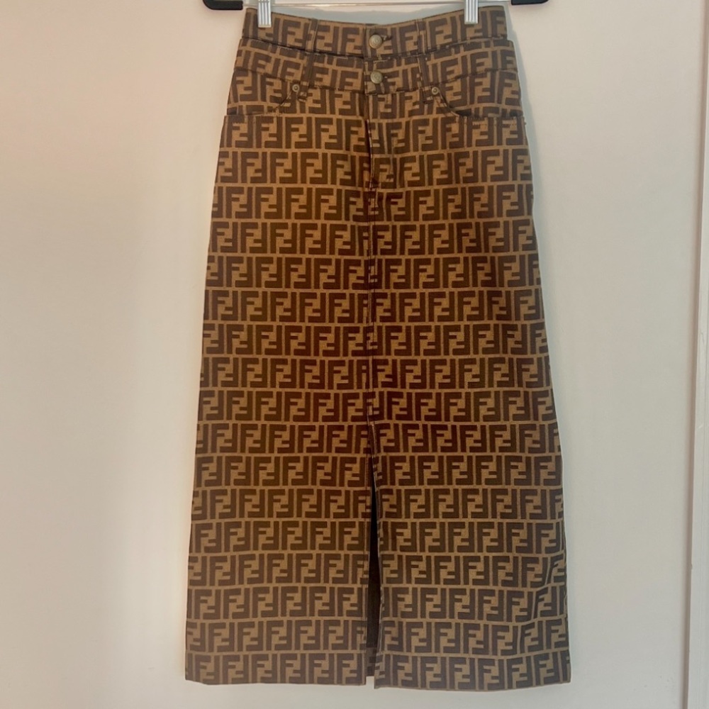 Vintage Fendi logo zucca jacquard long skirt- rare double waist, Roma 90s US 6